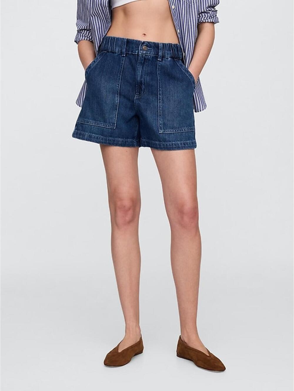 Gap High Rise Elastic Denim Utility Shorts Dark Wash XL 4" - Picture 3 of 9